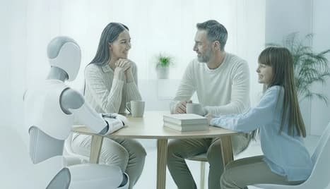Family interacting with AI robot at a table