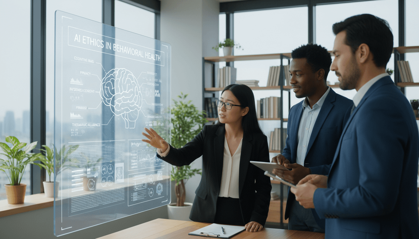 Healthcare professionals discussing AI ethics on holographic display